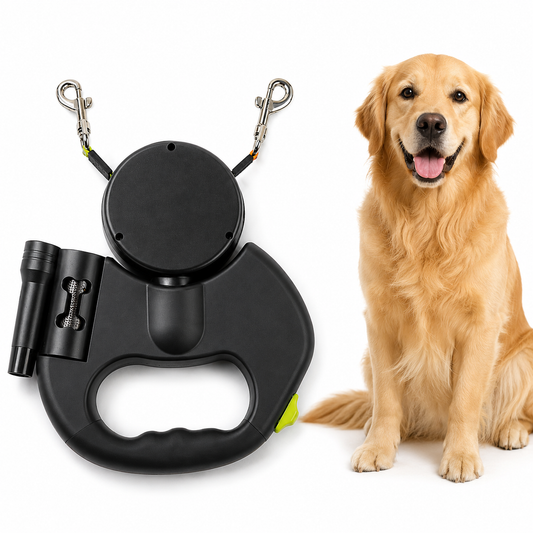 Retractable Dual Dog Leash with LED Light & 360° Swivel | Reflective Double Pet Lead